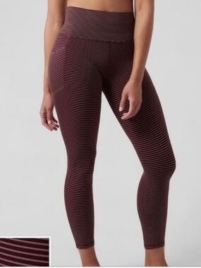 Athleta salutacion stash pocket 7/8 Striped Leggings in Burgundy